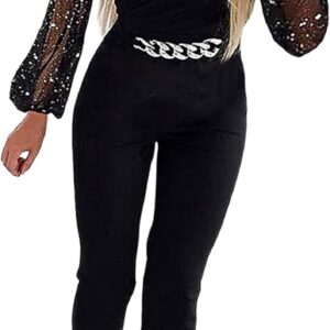 One Piece Jumpsuit for Women Elegant Ceremony Long Sleeve Jumpsuit Women's Glamour V-Neck Shiny Black Mesh Stitching Slim Jumpsuit Long Sleeve Mesh Sweater Lady Sizes