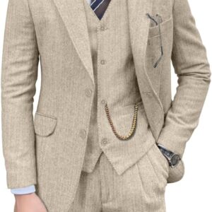 Mens Retro 3 Piece Tweed Herringbone Slim Fit Groomsmen Suits Brown Tuxedo Set Graduation Jacket Vest Pants for Men