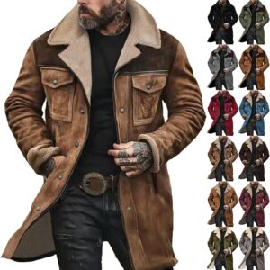 Men's Trench Coat, Stylish Casual Vintage Faux Suede Trench Coat, Long Plush Winter Coat, Warm Fleece Lined Coat with Pockets