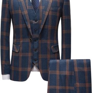 Mens Plaid Suit Slim Fit 3 Piece One Button Tuxedo Suit Blazer and Jogger Pants Set Plaid
