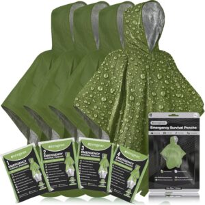 aZengear Survival Poncho (4 Pieces) Emergency Thermal Blankets for Heat and Rain Retention | Reversible with Hood, Waterproof, Windproof | Hiking (Green)