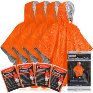 aZengear Survival Poncho (4 Pieces) Emergency Thermal Blankets for Heat and Rain Retention | Reversible with Hood, Waterproof, Windproof | Hiking (Orange)
