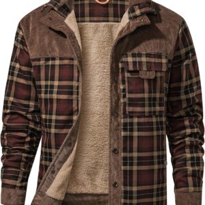 Mr.Stream Men Casual Long Sleeve Flannel Plaid Button Fur Lined Warm Shirt Sherp Jacket
