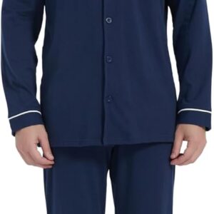 GLOBAL Men's Pajamas Cotton Long Sleeve Shirt with Pocket Pajama Pants