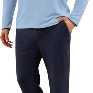 Uniexcosm Men's Pyjamas Long Cotton Pyjama Set 2 Pieces Round Neck Home Clothes Top with Buttons and Long Pants