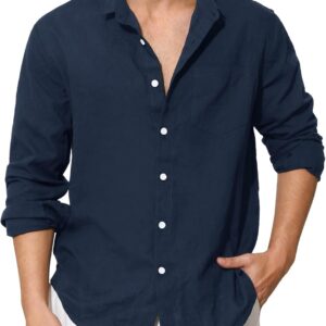 Enlision Men's Linen Shirts Long Sleeve Summer Cotton Casual Henley Shirts Mao Neck Solid Color Elegant Beach Wedding Holiday S-4XL
