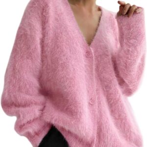 Yimoon Fuzzy Cardigan Sweater for Women V Neck Long Sleeve Button Down Loose Fuzzy Knit Sweater 2025