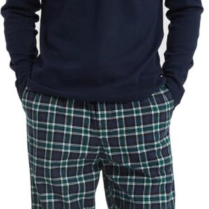 GLOBAL Pijamas Hombre Franela Cómodo Ropa Dormir Largo Suave Conjunto de Algodón Hombre Manga Larga Cuello Redondo y Pantalones Cuadros