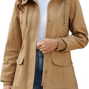 Tuopuda Women's Military Jacket Spring Autumn Parka Transition Jacket Cotton Casual Saharan High Waist Drawstring Zip Up Hood Multi-pockets Aviator Coats Jackets Summer