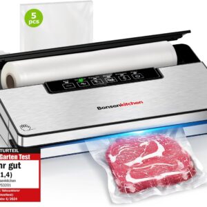 Bonsenkitchen Vacuum Sealer, Vacuum Machine with 5 Modes, 8 L/min, Globefish Technology for High Speed Operation, Fast Vacuum, Includes 5 Vacuum Bags and 1 Roll Bag