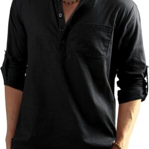 Enlision Men's Linen Shirt Long Sleeve Casual Summer Shirts Loose Leisure Solid Color Button Down Shirt Top with Pocket