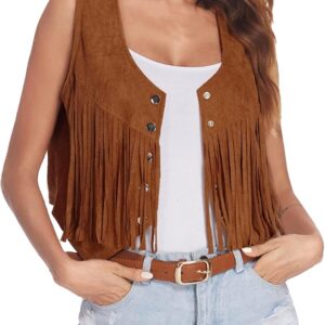 Women's Hippie Vest Fringe Costume 70s Faux Suede Vest with Tassels Western Cowboy Vests Sleeveless Y2K Jacket for Carnival Halloween Theme Party Disco Party