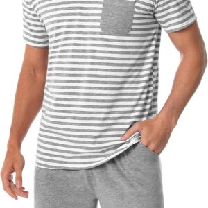 Summer Pyjama Set Men Sleepwear Cotton Striped Pyjama Shirts Short Sleeve and Shorts Sleep Shorts with Pockets