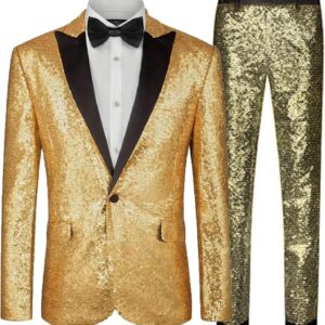 Mens Sparkly Suit Sequin Tuxedo 2 Piece Party Prom Slim Jacket Pants Vest Set Casual Business Jacket British Coat
