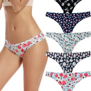 VOENXE Lingerie Thongs, Women's Thongs Pack, Seamless Panties, Underwear, for Women, Multi-Coloured with Fine Finish, Non-Marking, Comfortable, Soft and Elastic Thong Underwear, 5 Pack