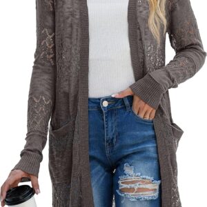 GRECERELLE Women's Lightweight Long Sleeve Cardigan Casual Crochet Sweater with Pockets